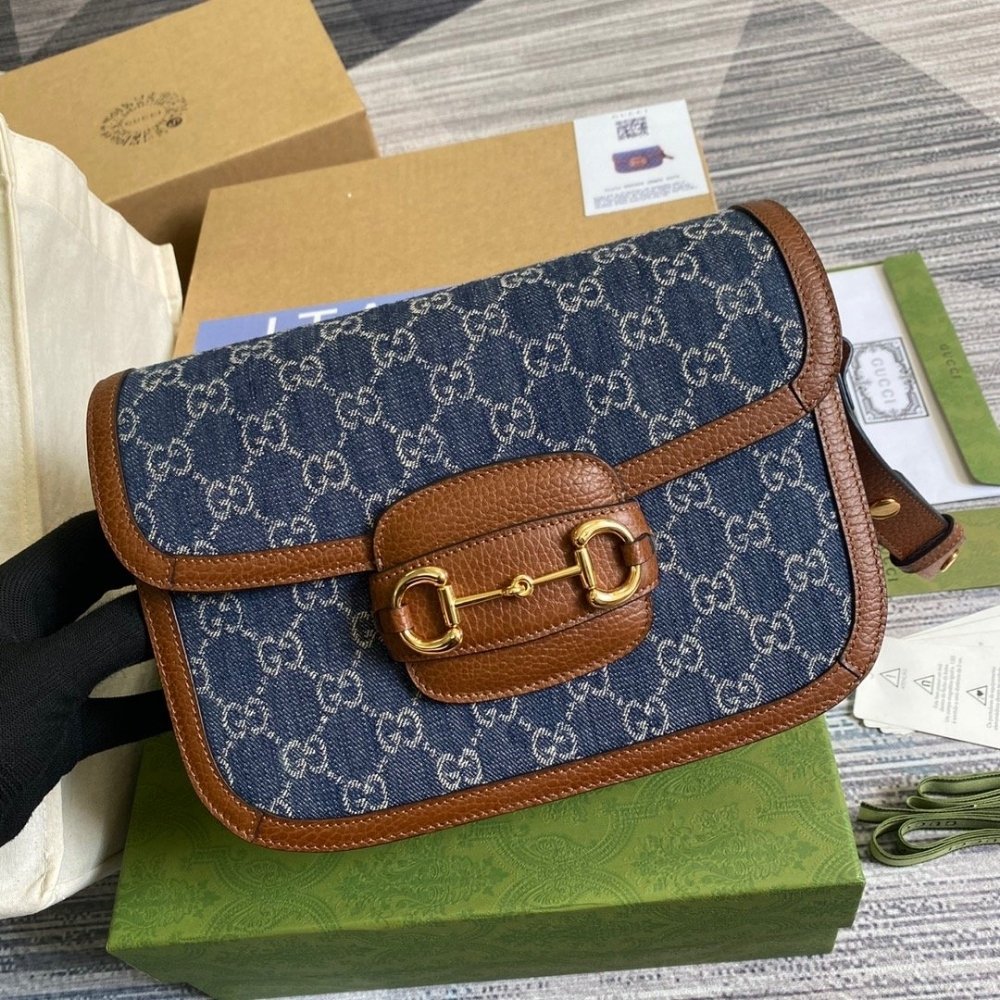 Gucci Horsebit 1955 Medium Monogram Canvas Blue And Ivory 25Cm