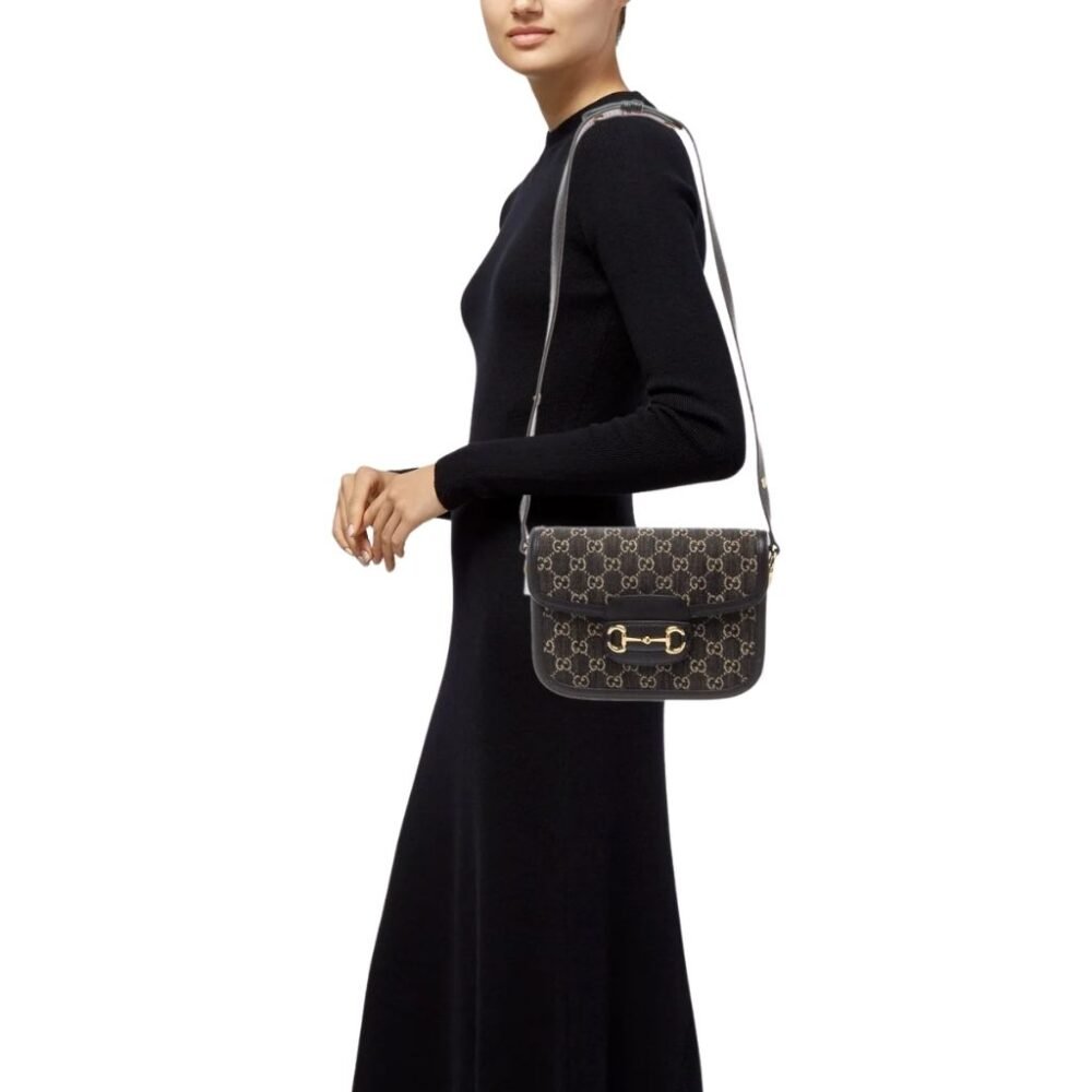 Gucci Horsebit 1955 Medium Original GG Shoulder Bag Black Ivory 25Cm 602204 UN3BG 1274