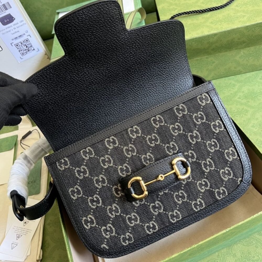 Gucci Horsebit 1955 Medium Original GG Shoulder Bag Black Ivory 25Cm 602204 UN3BG 1274