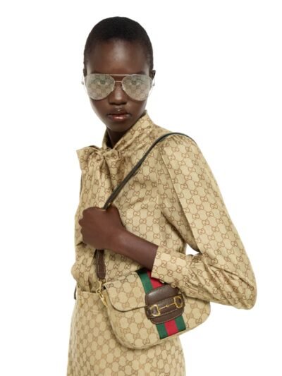 Gucci Horsebit 1955 Small Shoulder Bag Sand And Brown GG Canvas 21cm 866762 FAFV9 9653