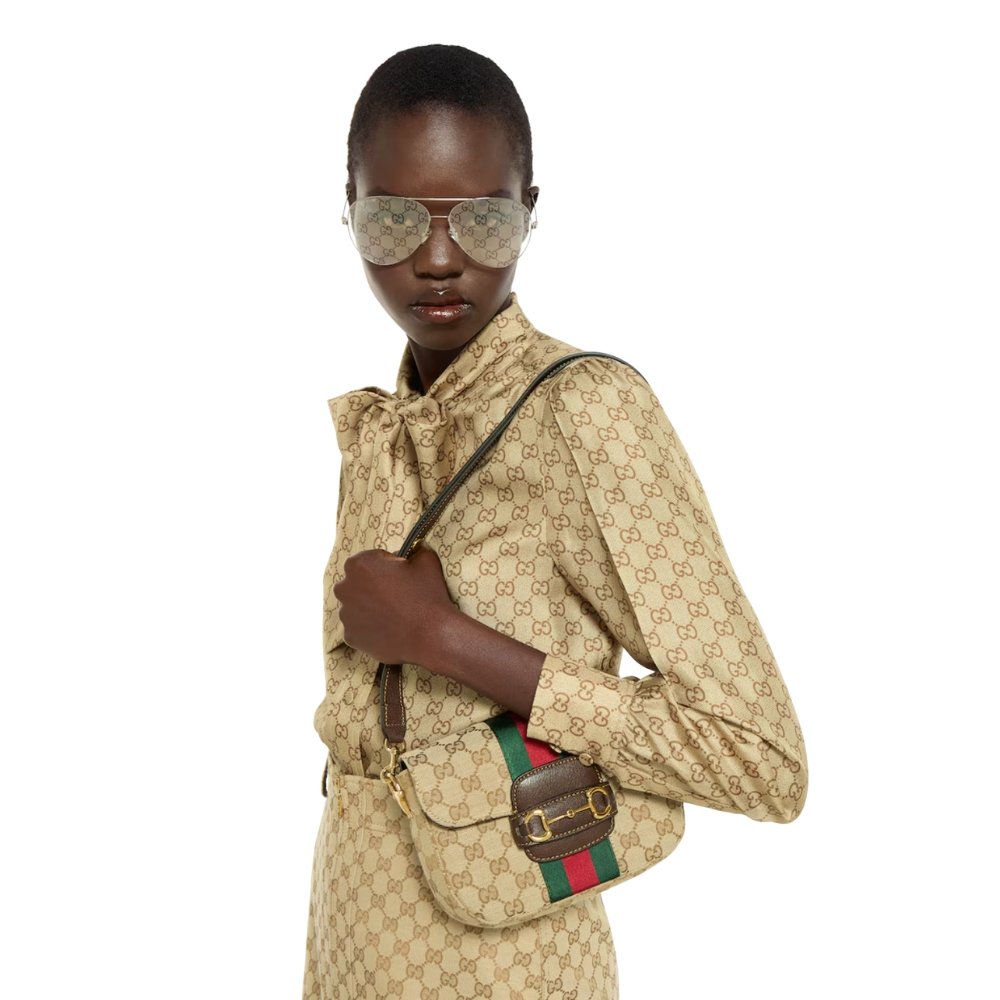 Gucci Horsebit 1955 Small Shoulder Bag Sand And Brown GG Canvas 21cm 866762 FAFV9 9653