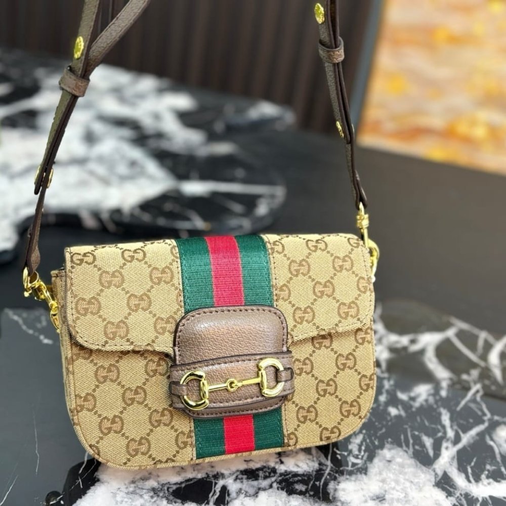 Gucci Horsebit 1955 Small Shoulder Bag Sand And Brown GG Canvas 21cm 866762 FAFV9 9653