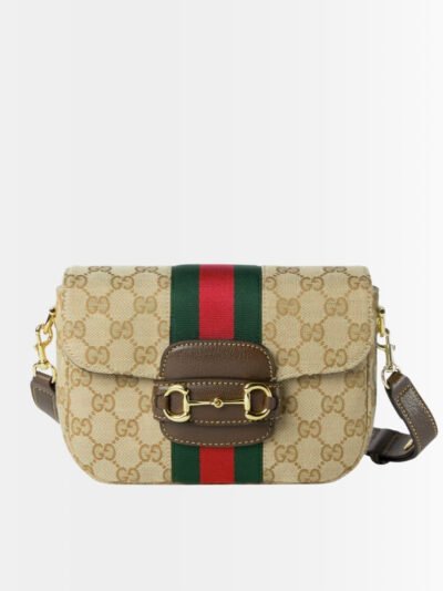 Gucci Horsebit 1955 Small Shoulder Bag Sand And Brown GG Canvas 21cm 866762 FAFV9 9653