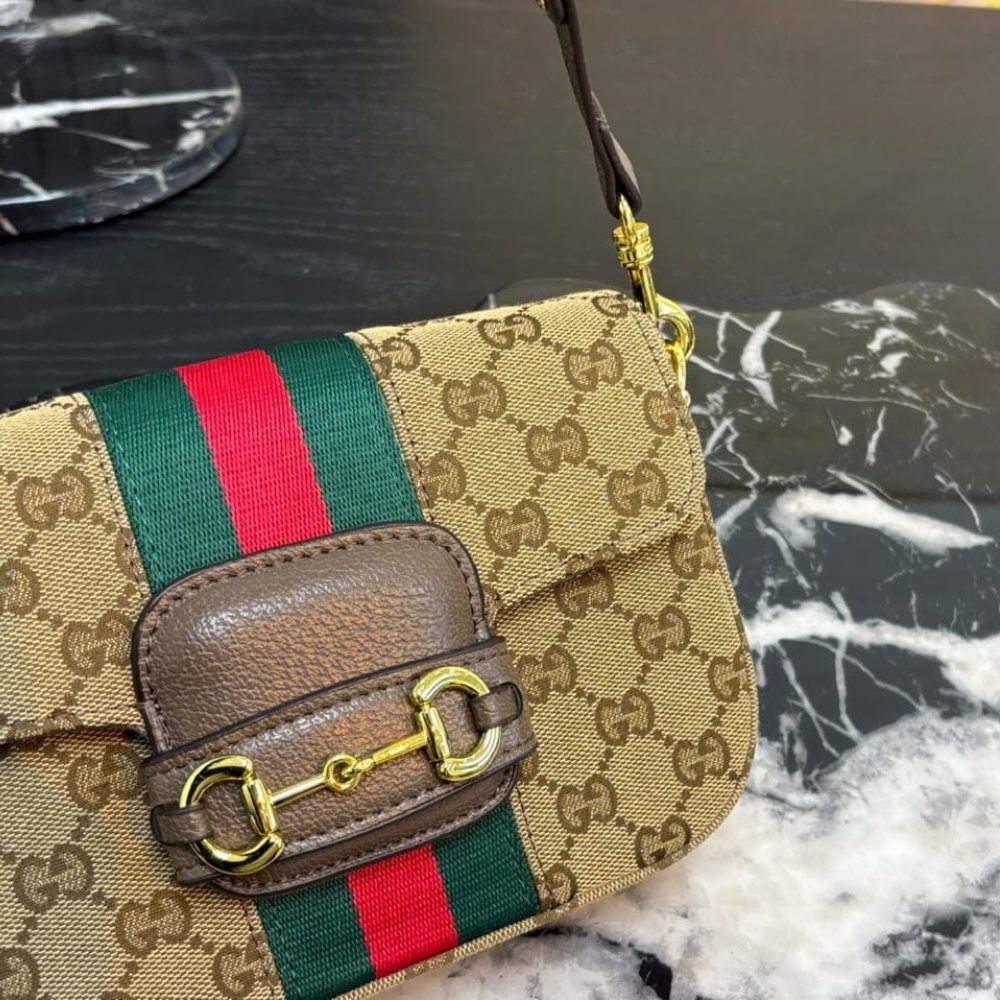 Gucci Horsebit 1955 Small Shoulder Bag Sand And Brown GG Canvas 21cm 866762 FAFV9 9653