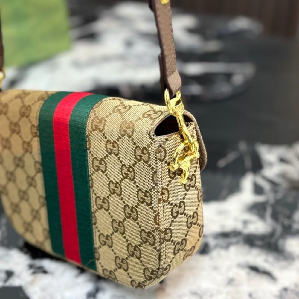 Gucci Horsebit 1955 Small Shoulder Bag Sand And Brown GG Canvas 21cm 866762 FAFV9 9653
