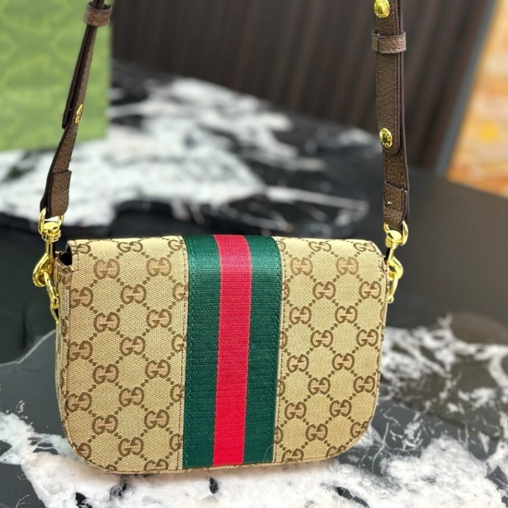 Gucci Horsebit 1955 Small Shoulder Bag Sand And Brown GG Canvas 21cm 866762 FAFV9 9653