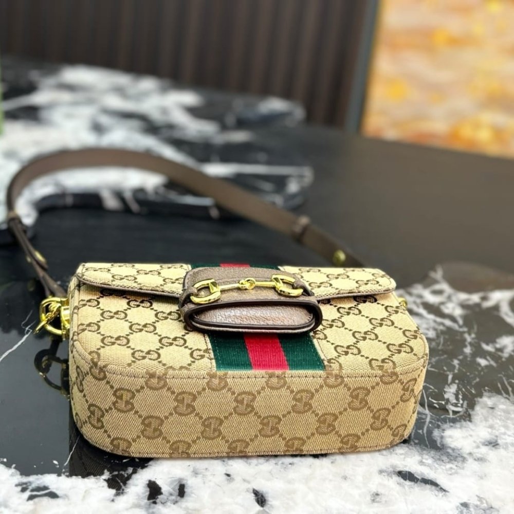 Gucci Horsebit 1955 Small Shoulder Bag Sand And Brown GG Canvas 21cm 866762 FAFV9 9653