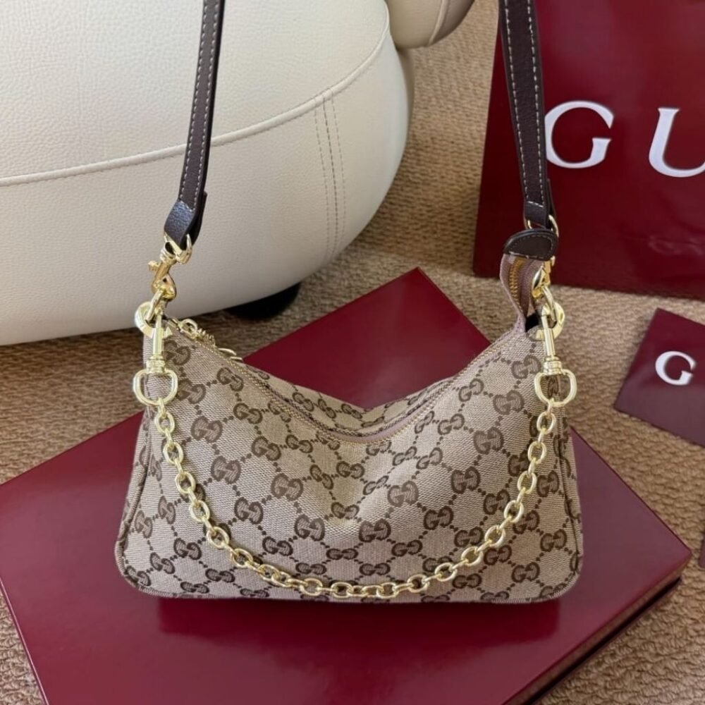Gucci Lady Lunetta Chain Small Shoulder Bag GG Canvas Sand And Brown 24Cm A0034B FAGGX 9651