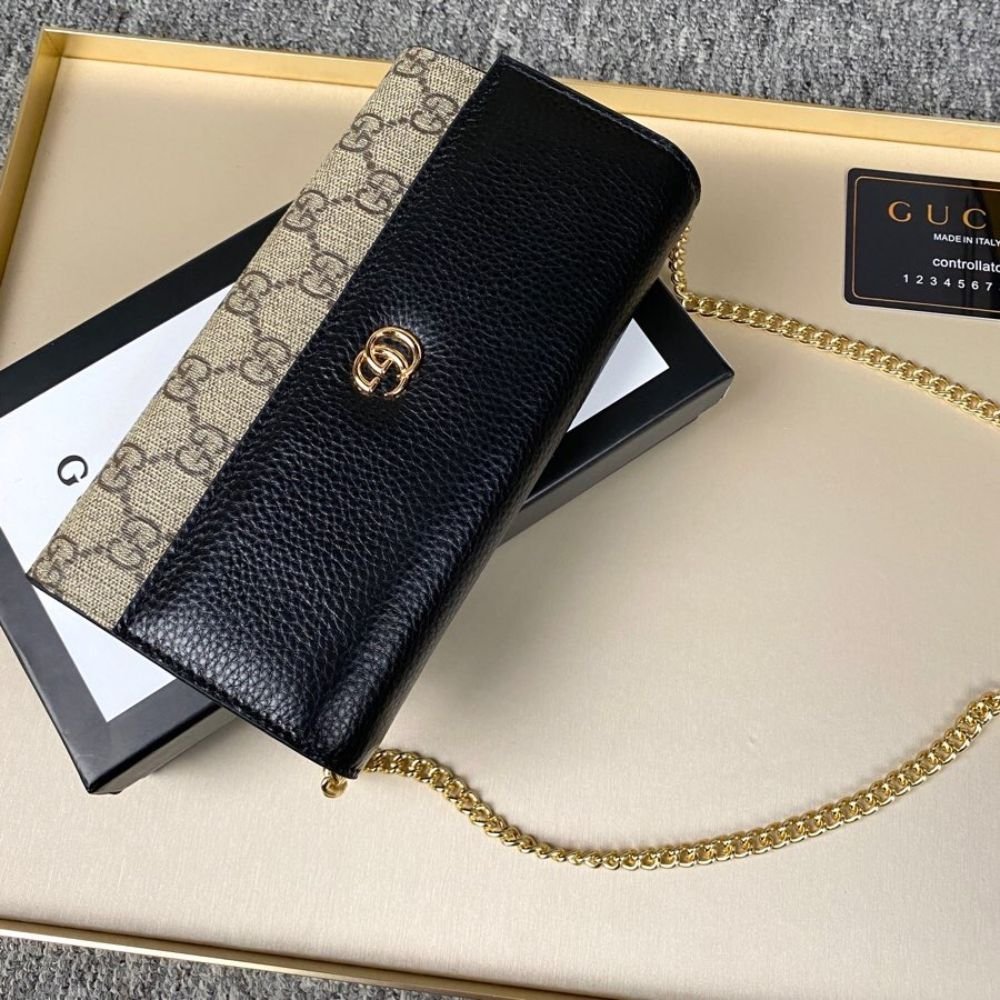 Gucci Marmont Bicolor Wallet On Chain Beige Ebony 19Cm 546585 AAE5E 1069
