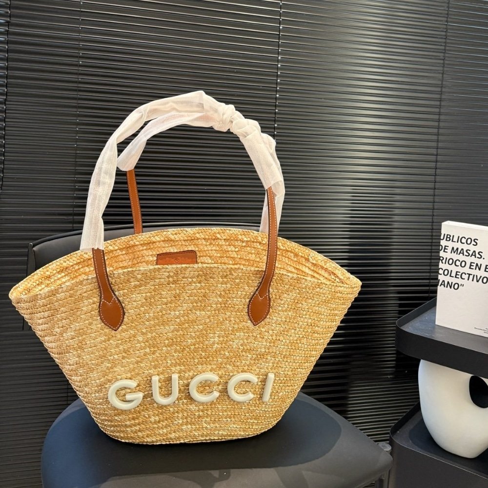 Gucci Medium Straw Tote With Patch Natural 27Cm 779530 9AAE9 9541
