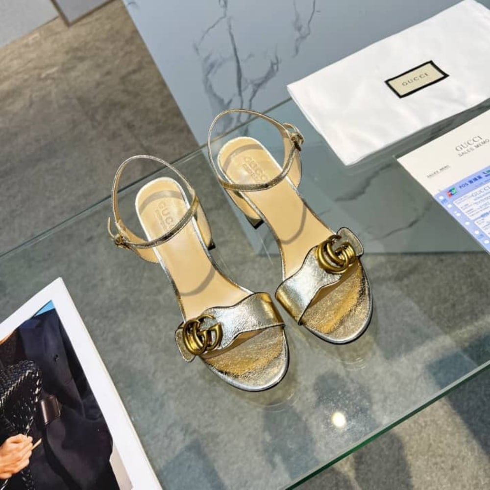 Gucci Metallic Laminate Leather Mid Heel Sandal Gold 453379 DKT00 7100