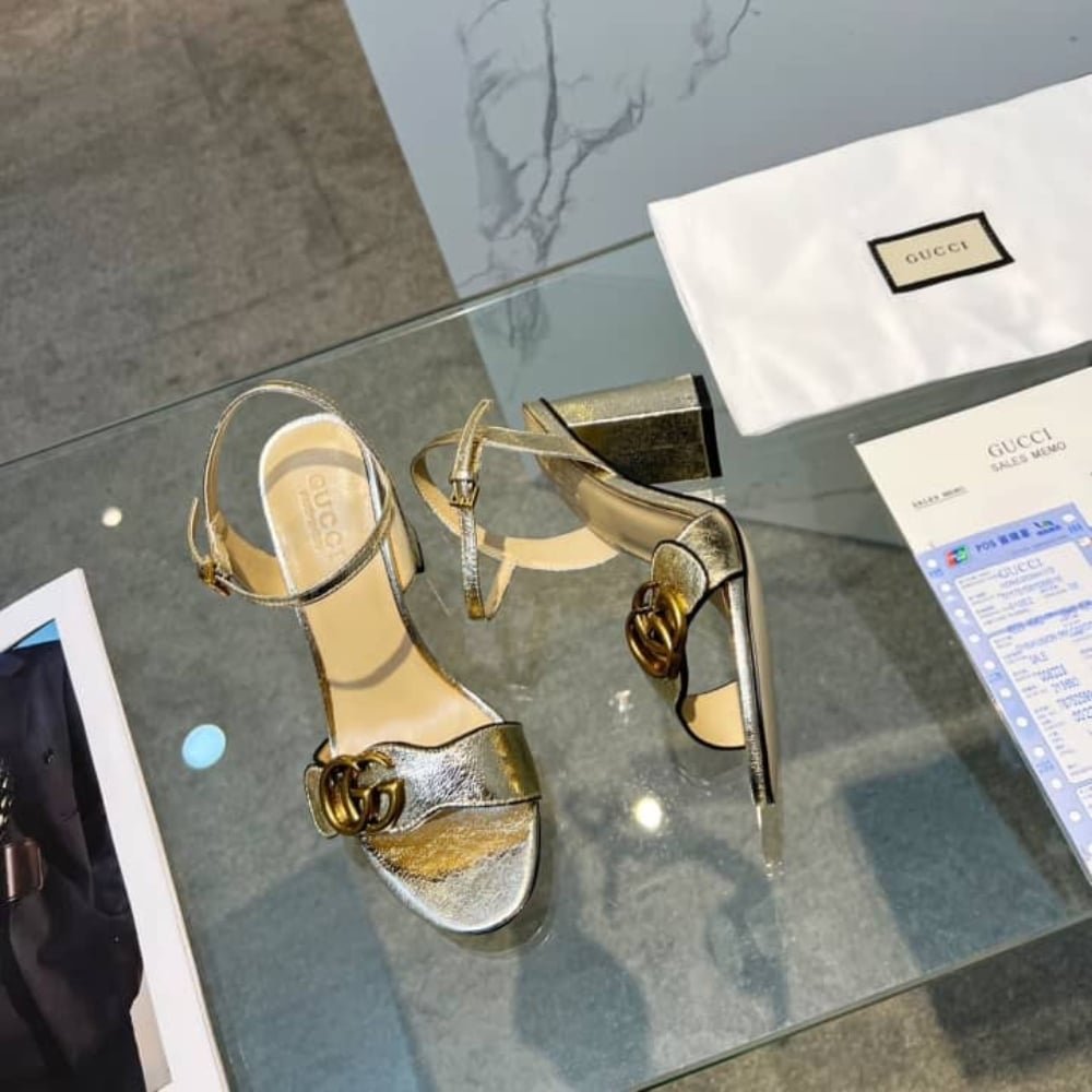 Gucci Metallic Laminate Leather Mid Heel Sandal Gold 453379 DKT00 7100