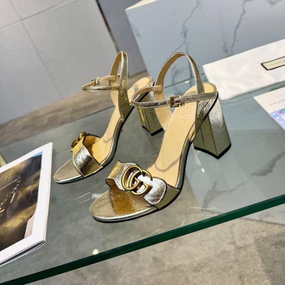 Gucci Metallic Laminate Leather Mid Heel Sandal Gold 453379 DKT00 7100