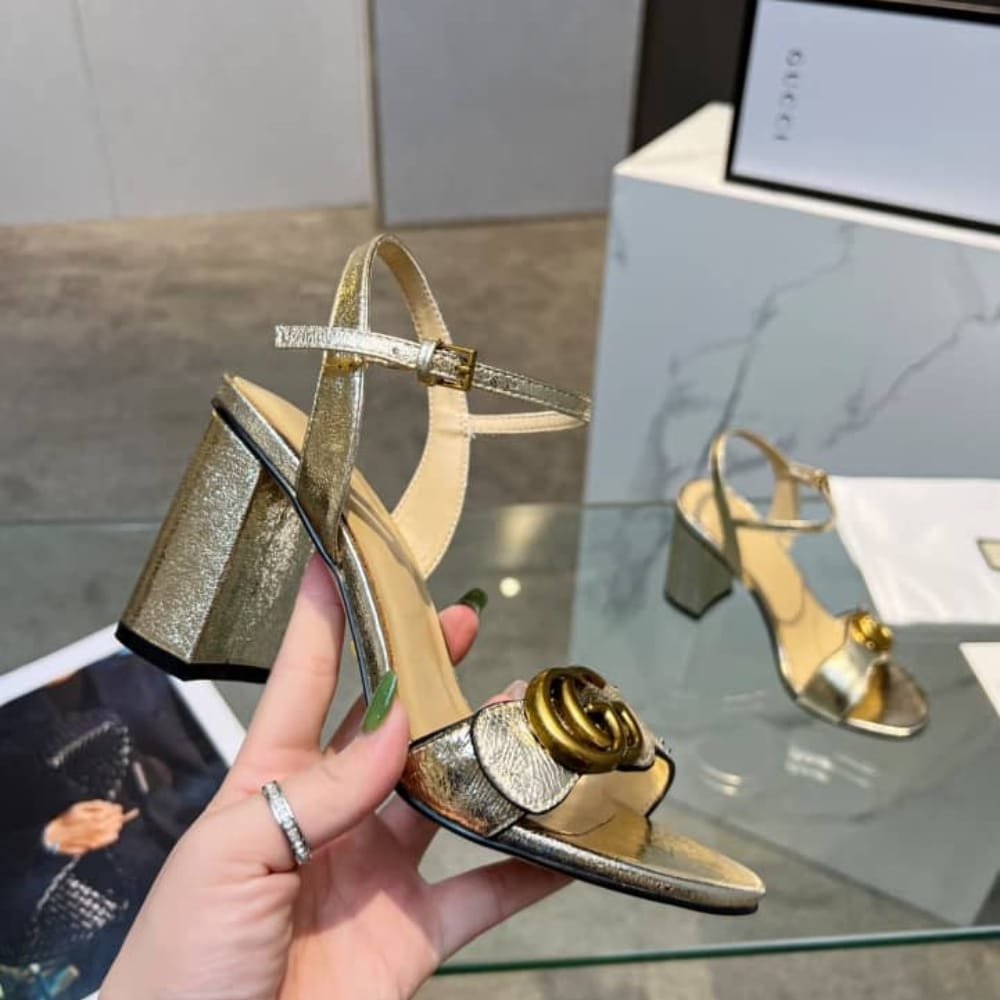 Gucci Metallic Laminate Leather Mid Heel Sandal Gold 453379 DKT00 7100