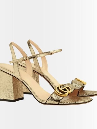 Gucci Metallic Laminate Leather Mid Heel Sandal Gold 453379 DKT00 7100