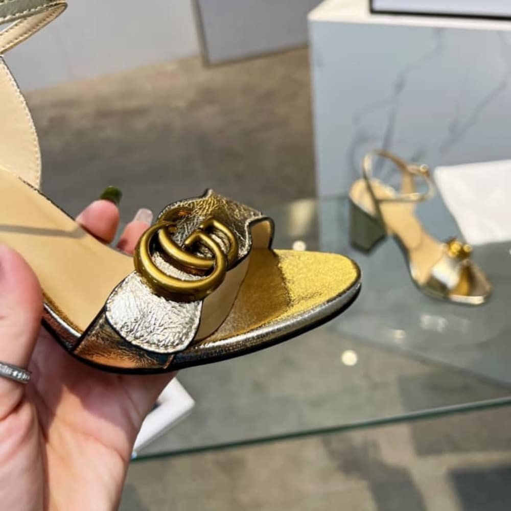 Gucci Metallic Laminate Leather Mid Heel Sandal Gold 453379 DKT00 7100