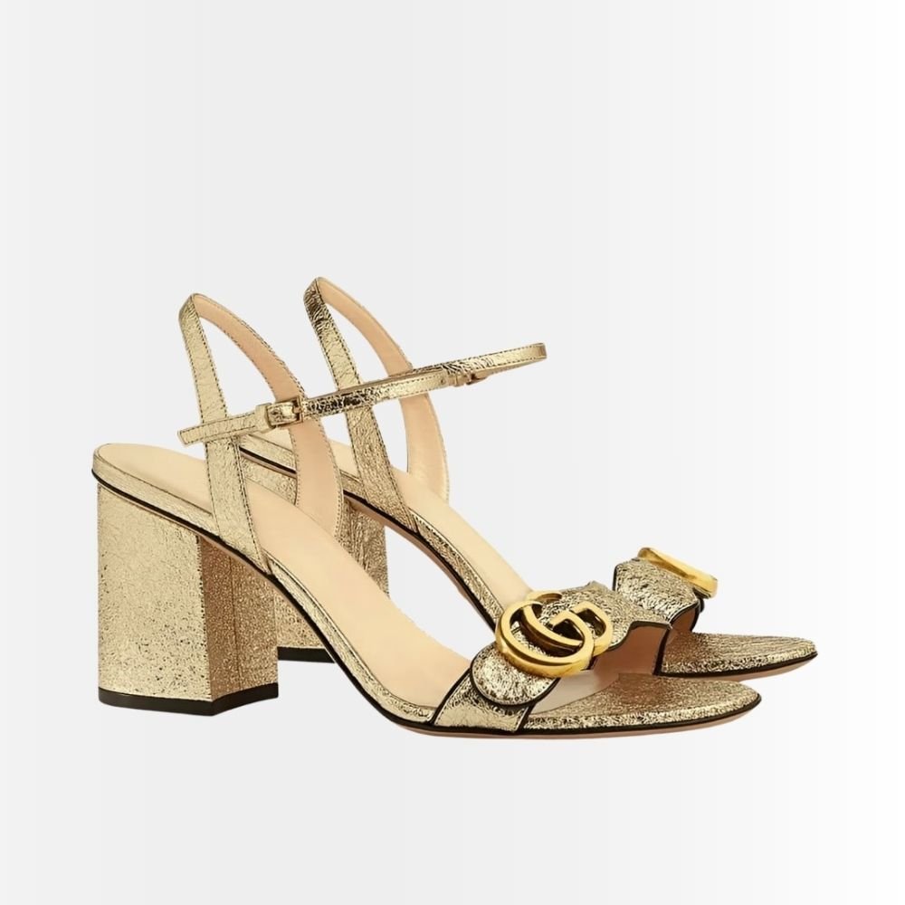 Gucci Metallic Laminate Leather Mid Heel Sandal Gold 453379 DKT00 7100