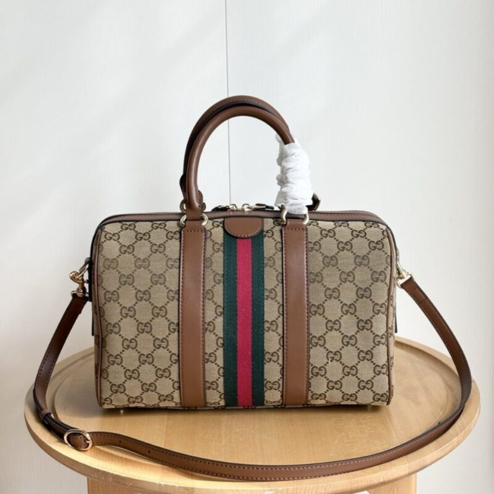 Gucci Ophidia Medium Boston Bag Beige And Brown GG Canvas 30Cm 857595 FAFUF 9870