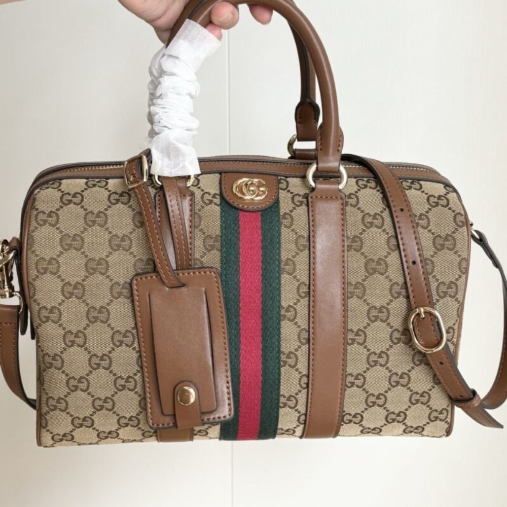 Gucci Ophidia Medium Boston Bag Beige And Brown GG Canvas 30Cm 857595 FAFUF 9870