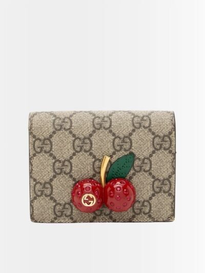 Gucci Supreme Canvas Card Case Wallet With Cherries Black Leather Inside 10Cm 476050