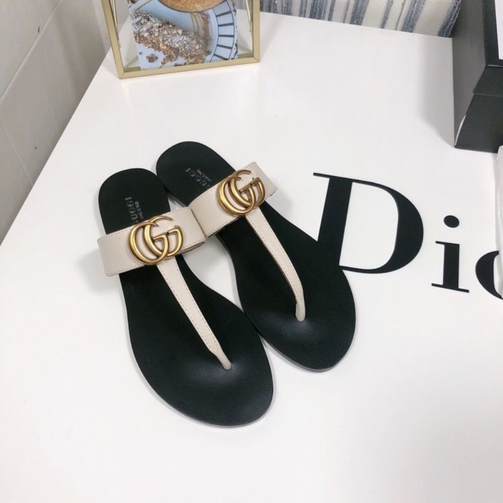 Gucci Thong Sandals With Double G White Leather 497444 A3N00 9022