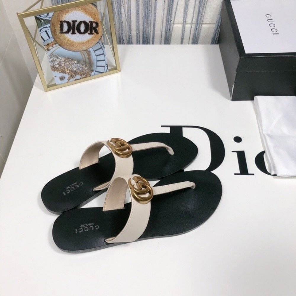 Gucci Thong Sandals With Double G White Leather 497444 A3N00 9022