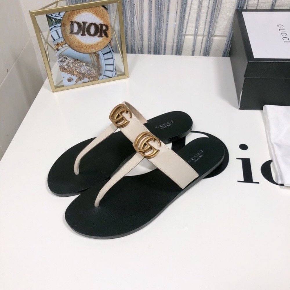 Gucci Thong Sandals With Double G White Leather 497444 A3N00 9022