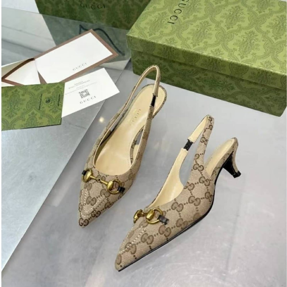 Gucci Women’S Slingback Pump With Horsebit Beige And Ebony 782627 2HK80 9763