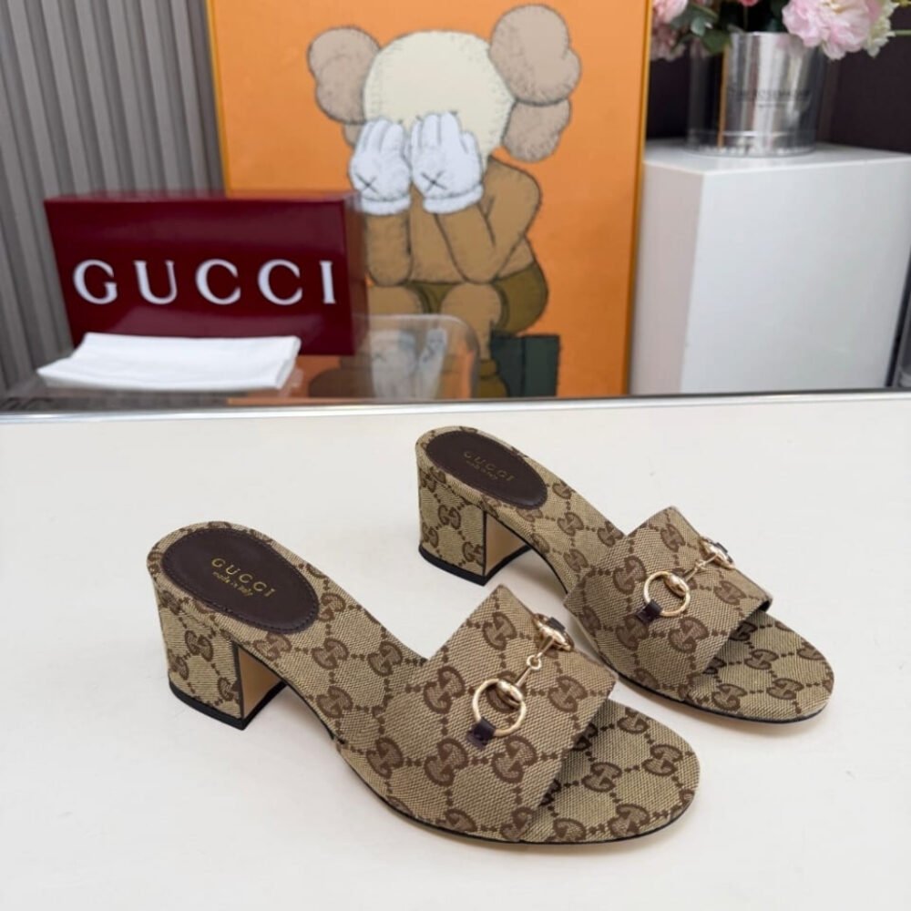 Gucci Women's High Heel Slides With Horsebit Camel 854882 9SF10 2544