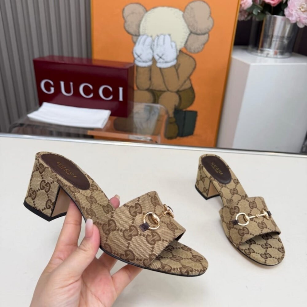 Gucci Women's High Heel Slides With Horsebit Camel 854882 9SF10 2544