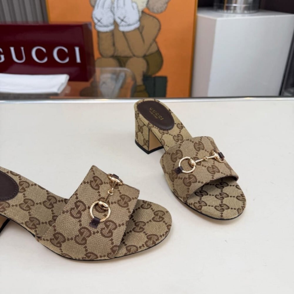 Gucci Women's High Heel Slides With Horsebit Camel 854882 9SF10 2544