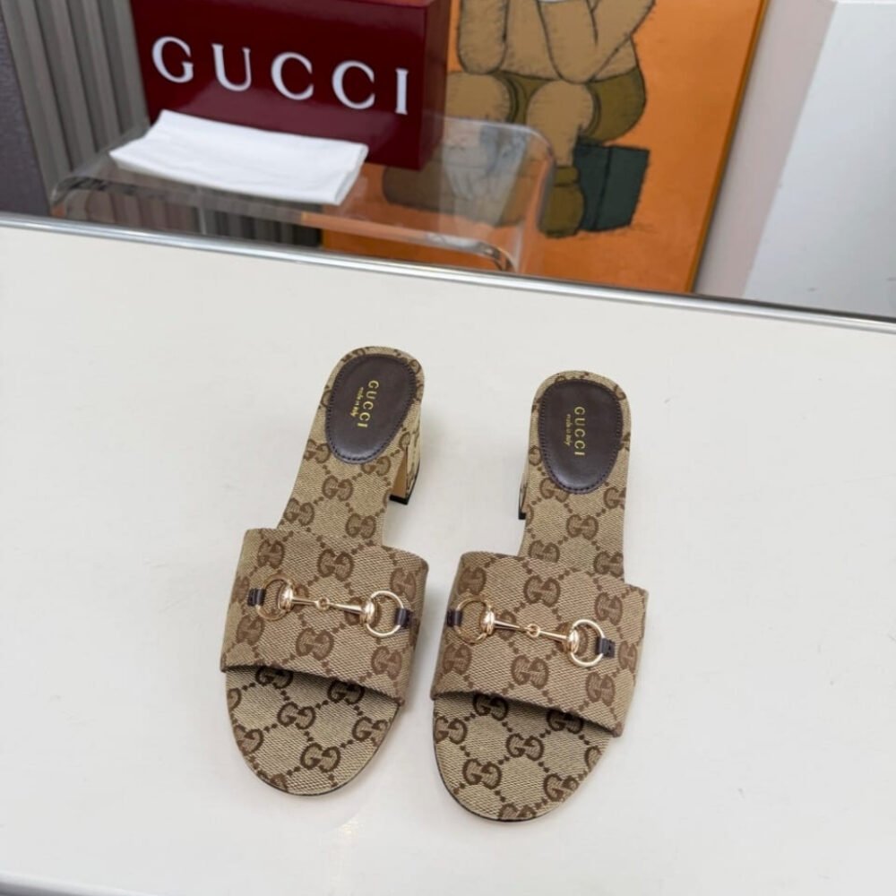 Gucci Women's High Heel Slides With Horsebit Camel 854882 9SF10 2544