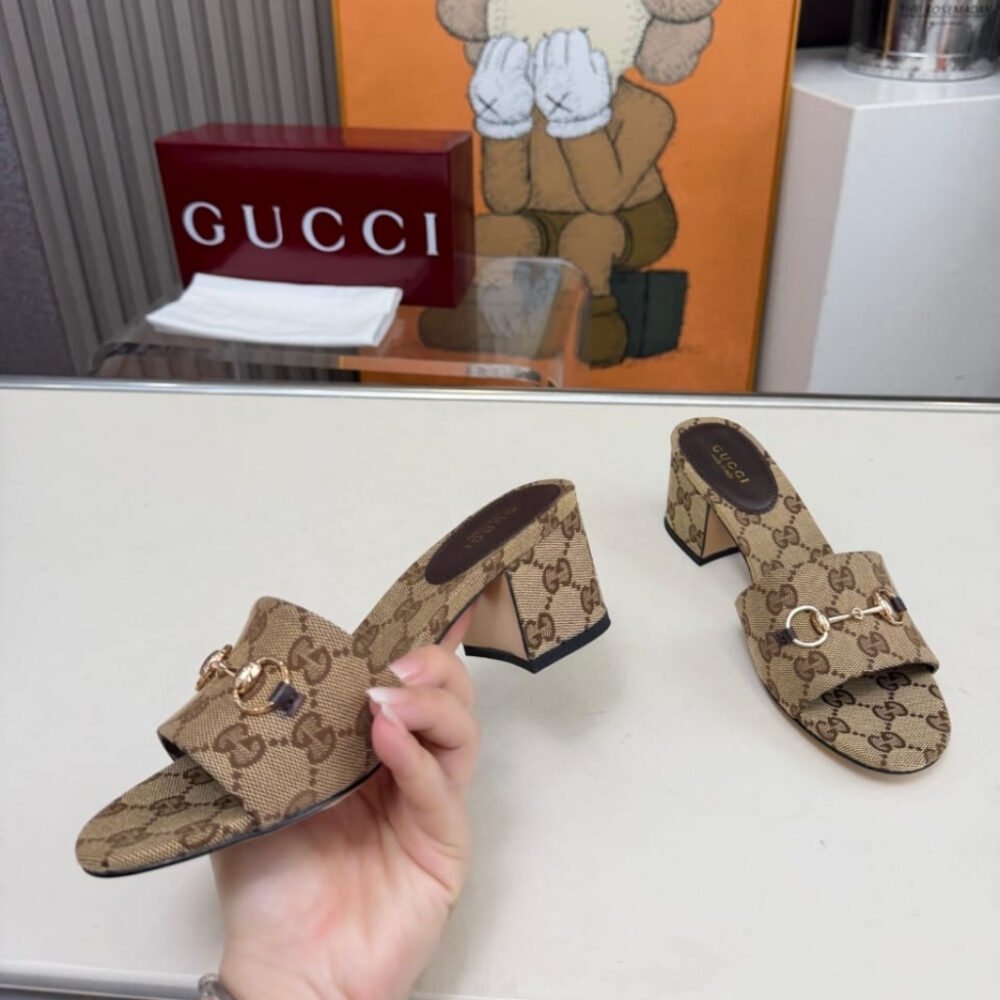 Gucci Women's High Heel Slides With Horsebit Camel 854882 9SF10 2544
