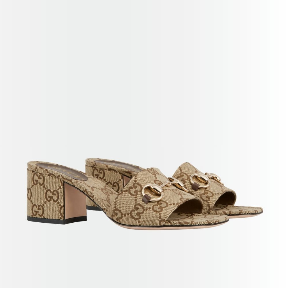 Gucci Women's High Heel Slides With Horsebit Camel 854882 9SF10 2544