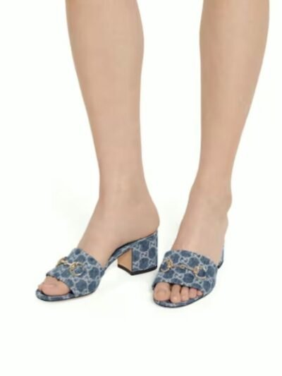 Gucci Women's High Heel Slides With Horsebit Light Denim 854882 FAFGT 4746