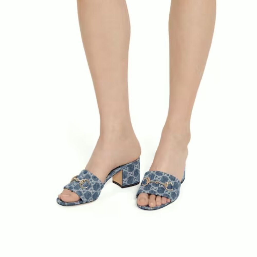 Gucci Women's High Heel Slides With Horsebit Light Denim 854882 FAFGT 4746
