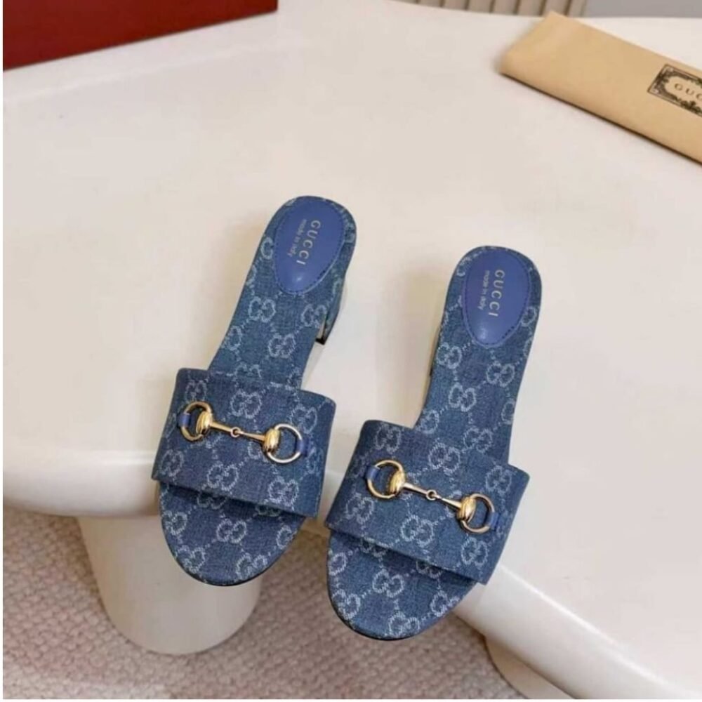 Gucci Women's High Heel Slides With Horsebit Light Denim 854882 FAFGT 4746