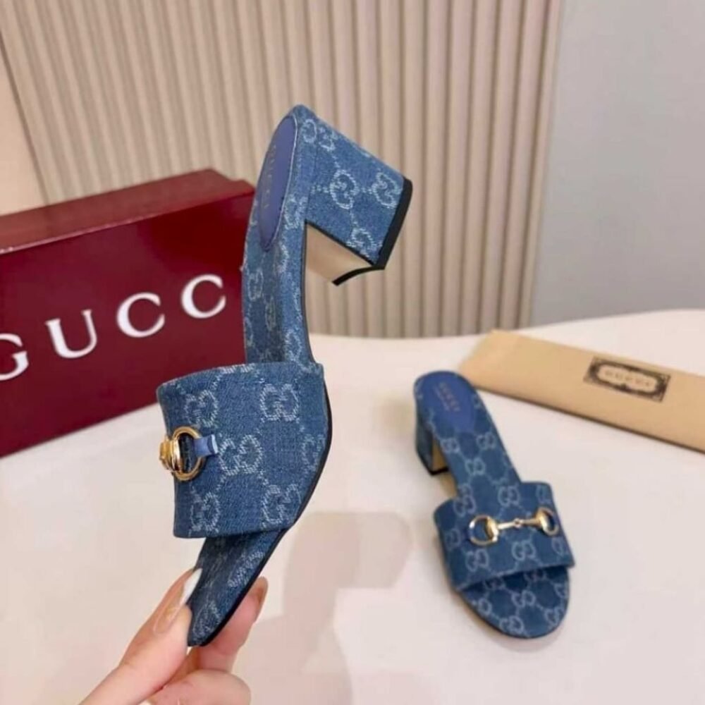 Gucci Women's High Heel Slides With Horsebit Light Denim 854882 FAFGT 4746