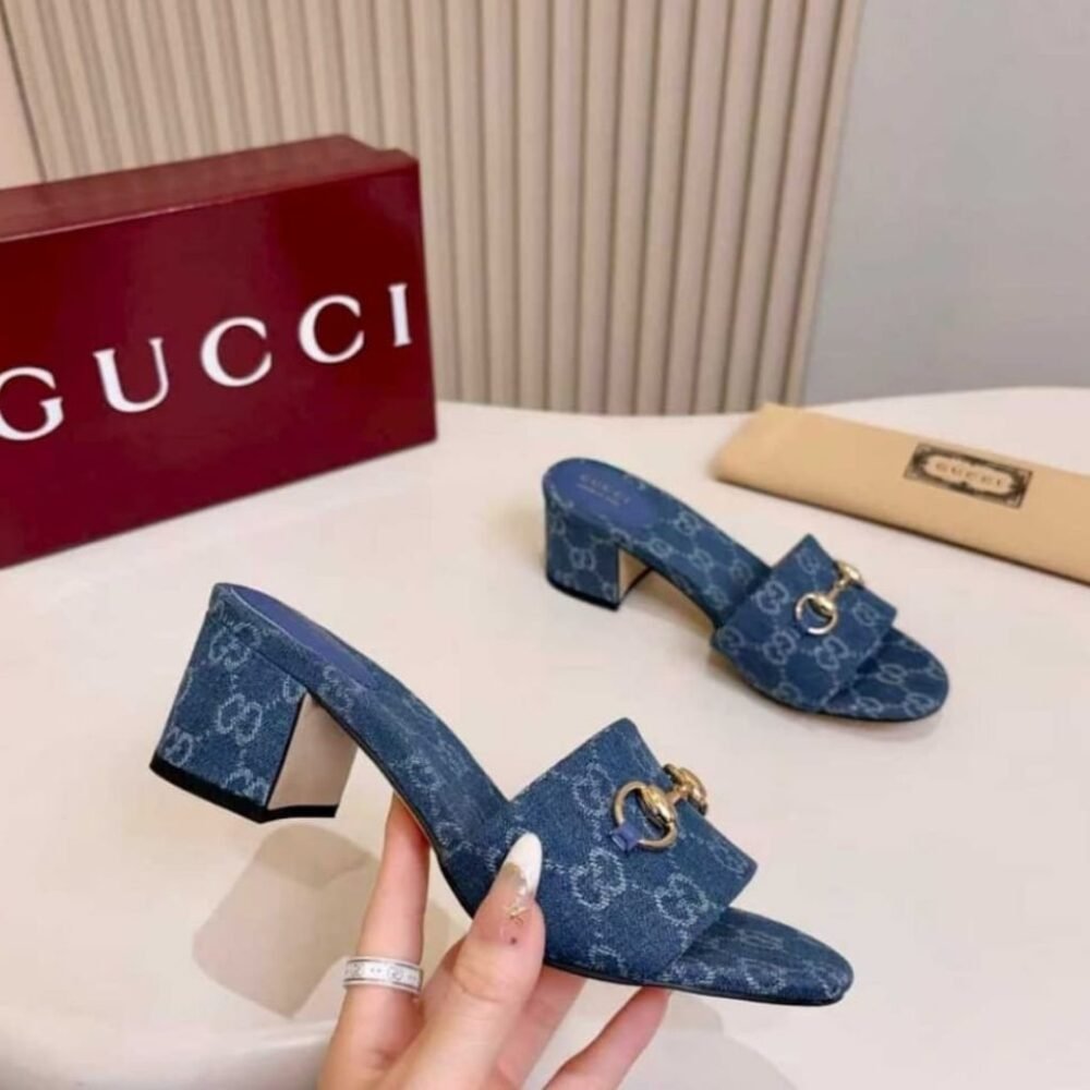 Gucci Women's High Heel Slides With Horsebit Light Denim 854882 FAFGT 4746