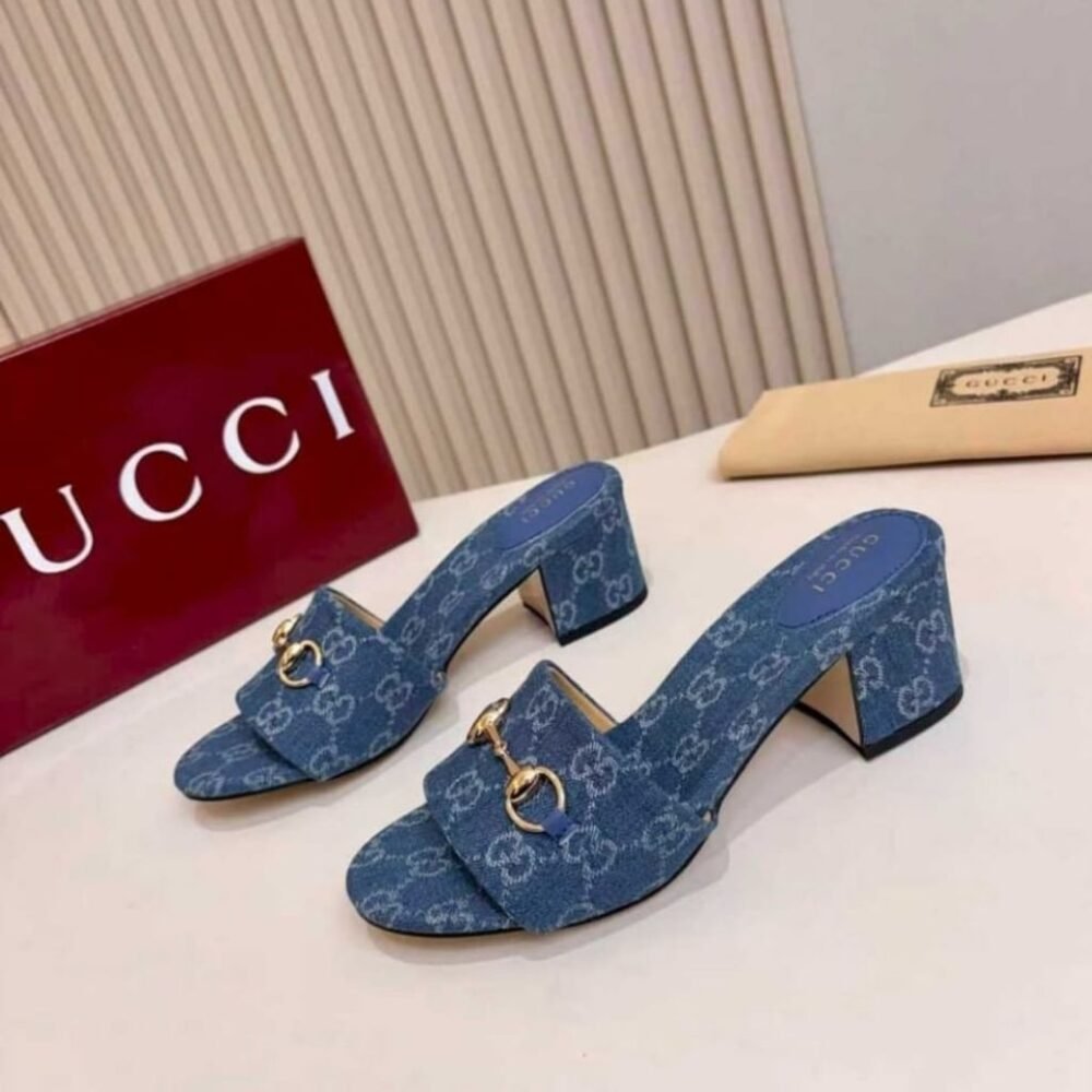 Gucci Women's High Heel Slides With Horsebit Light Denim 854882 FAFGT 4746
