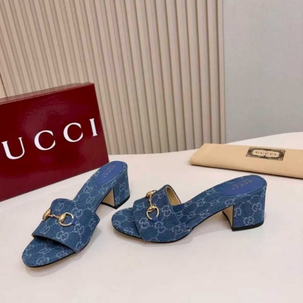 Gucci Women's High Heel Slides With Horsebit Light Denim 854882 FAFGT 4746