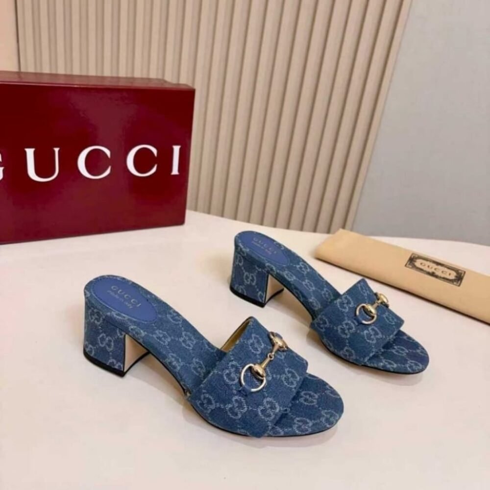 Gucci Women's High Heel Slides With Horsebit Light Denim 854882 FAFGT 4746