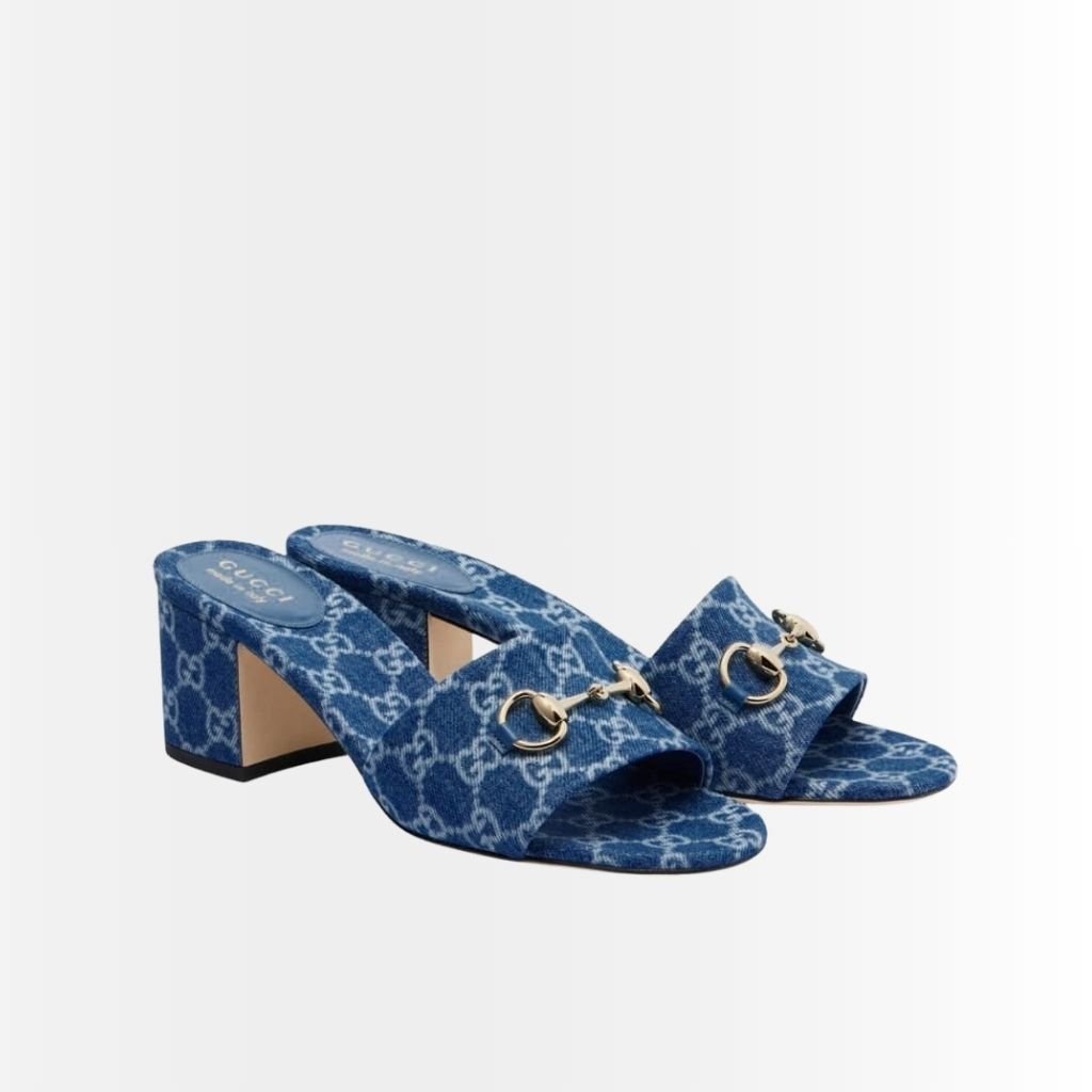 Gucci Women's High Heel Slides With Horsebit Light Denim 854882 FAFGT 4746