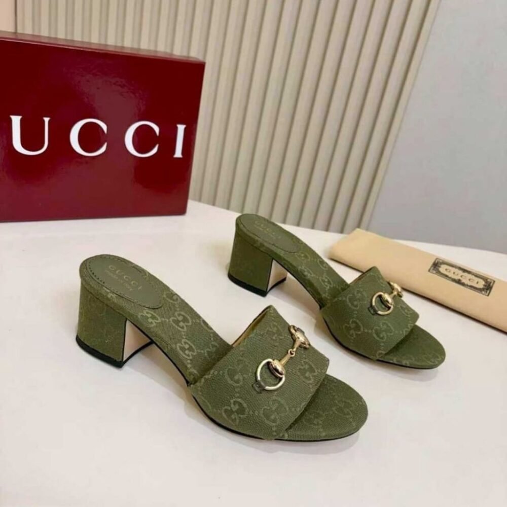 Gucci Women's High Heel Slides With Horsebit Olive Green