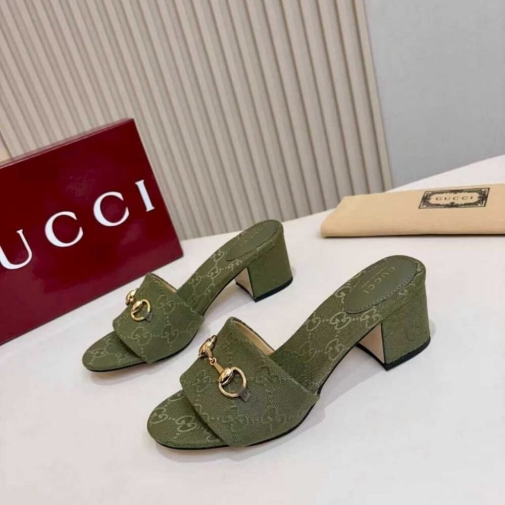Gucci Women's High Heel Slides With Horsebit Olive Green
