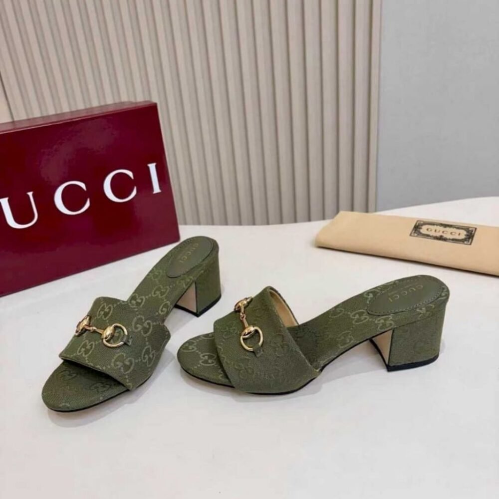 Gucci Women's High Heel Slides With Horsebit Olive Green