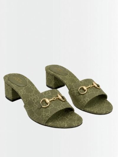 Gucci Women's High Heel Slides With Horsebit Olive Green