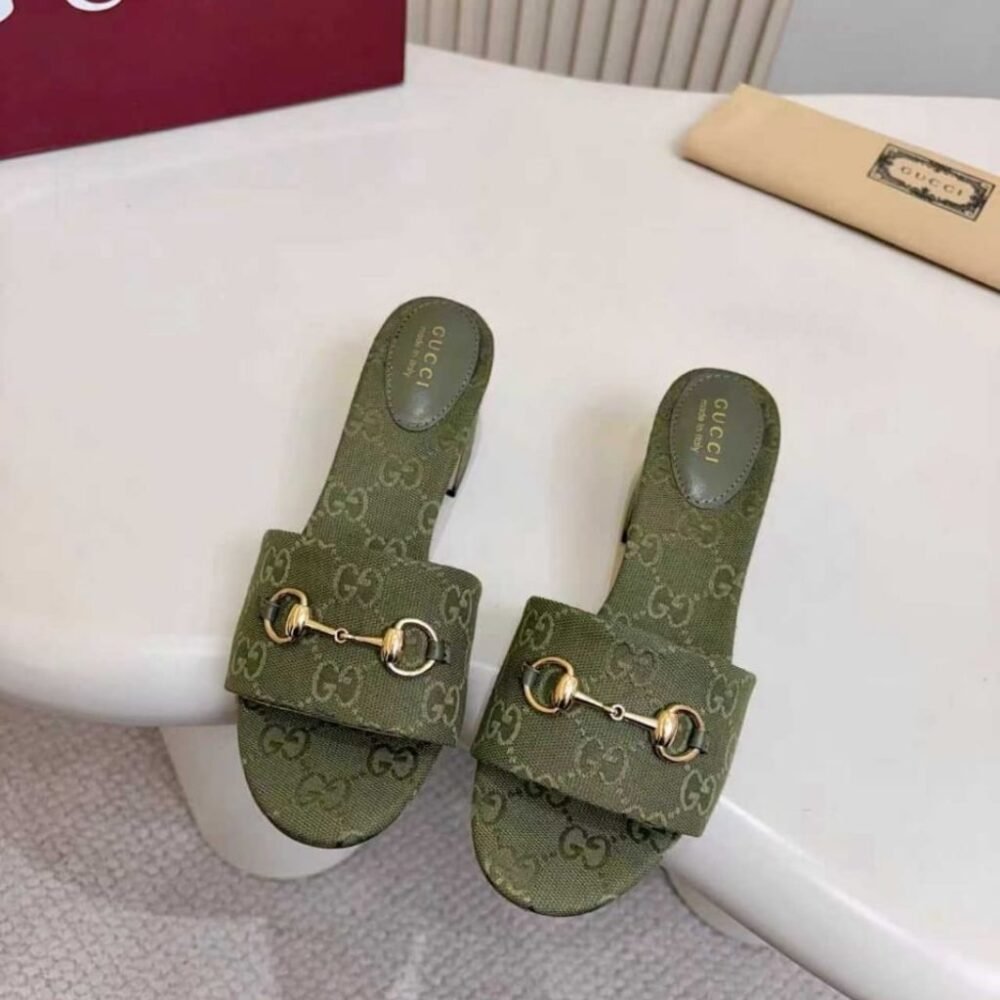 Gucci Women's High Heel Slides With Horsebit Olive Green