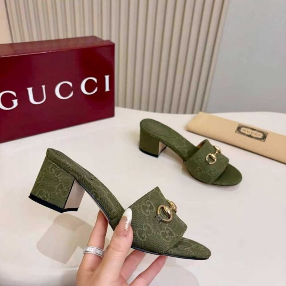 Gucci Women's High Heel Slides With Horsebit Olive Green