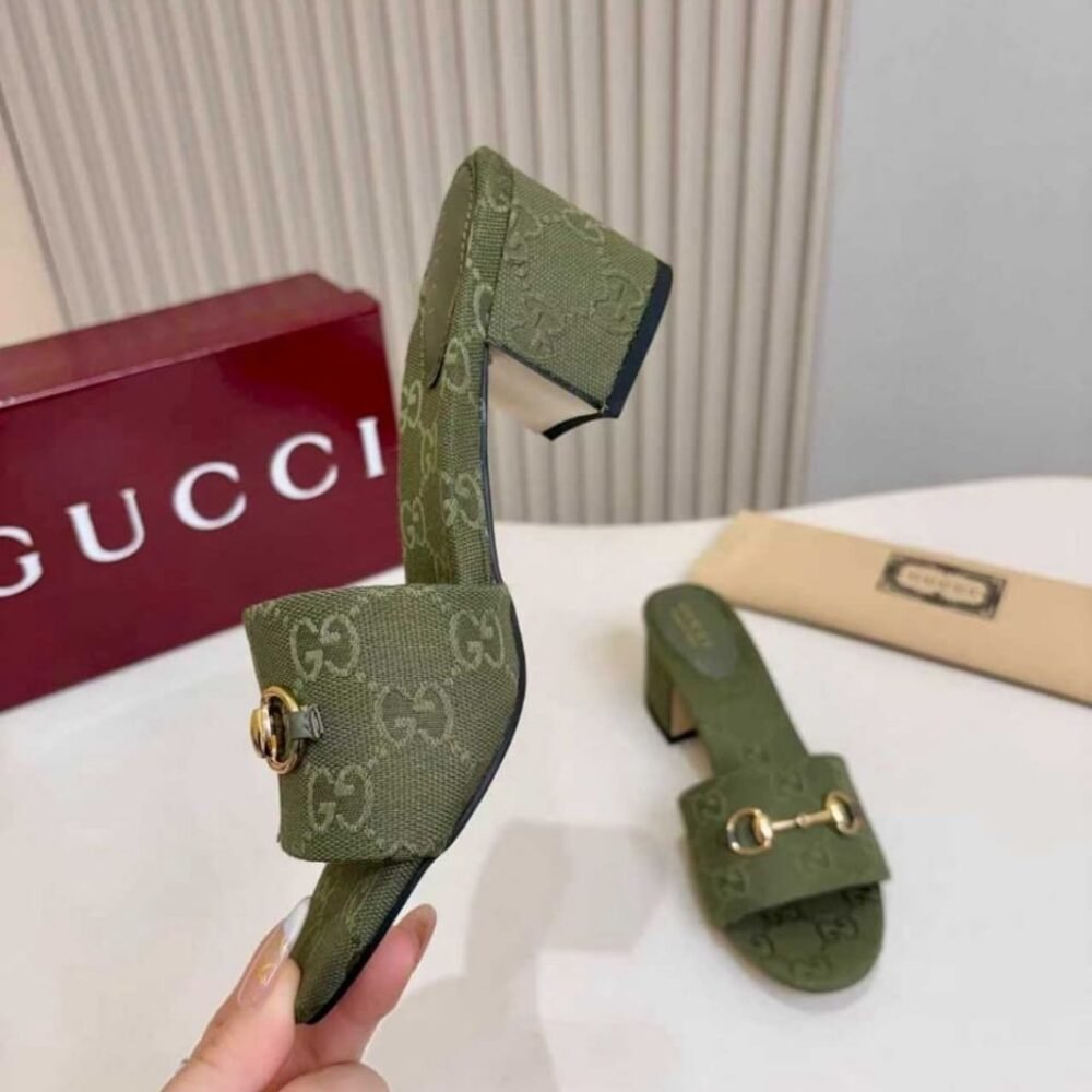 Gucci Women's High Heel Slides With Horsebit Olive Green
